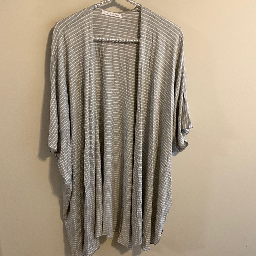 Chris & Carol Kimono Cardigan Large Gray White Striped Open Front Rayon Stretch